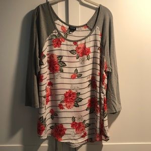 3/4 sleeve striped torrid top with floral pattern